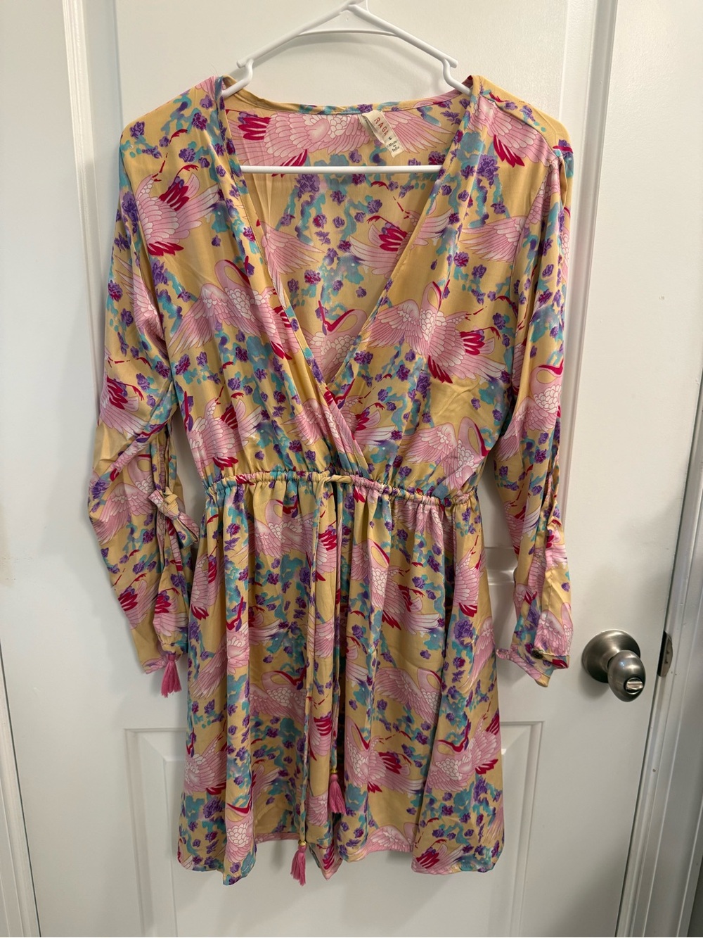 RAGA Yellow Crane and Floral Mini Dress with Pink and Blue Accents